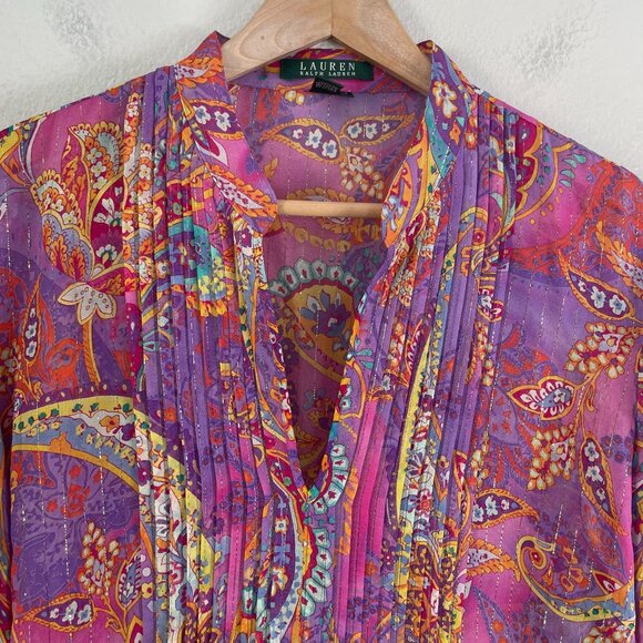 Lauren Ralph Lauren Womens Plus 1X Tunic Top Blouse Purple Paisley Silk Metallic - Picture 8 of 11